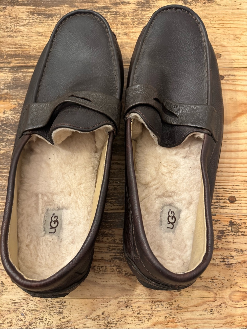 UGG Men’s Brown Leather Ascot Shearling-Lined Slip-On Loafers Slippers custom 18